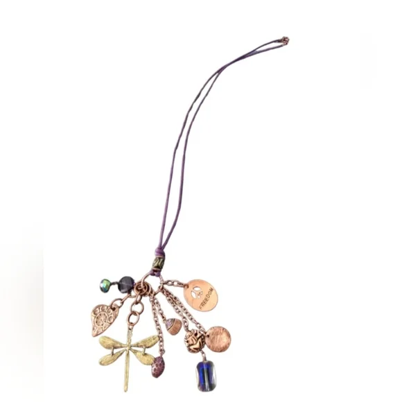 Anthropologie Mythologie Charm Necklace Dragonfly Freedom Peace Boho Purple Cord - Picture 1 of 8